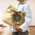 Natural Cotton Tote Bag with Leather Handle - Flower of Life