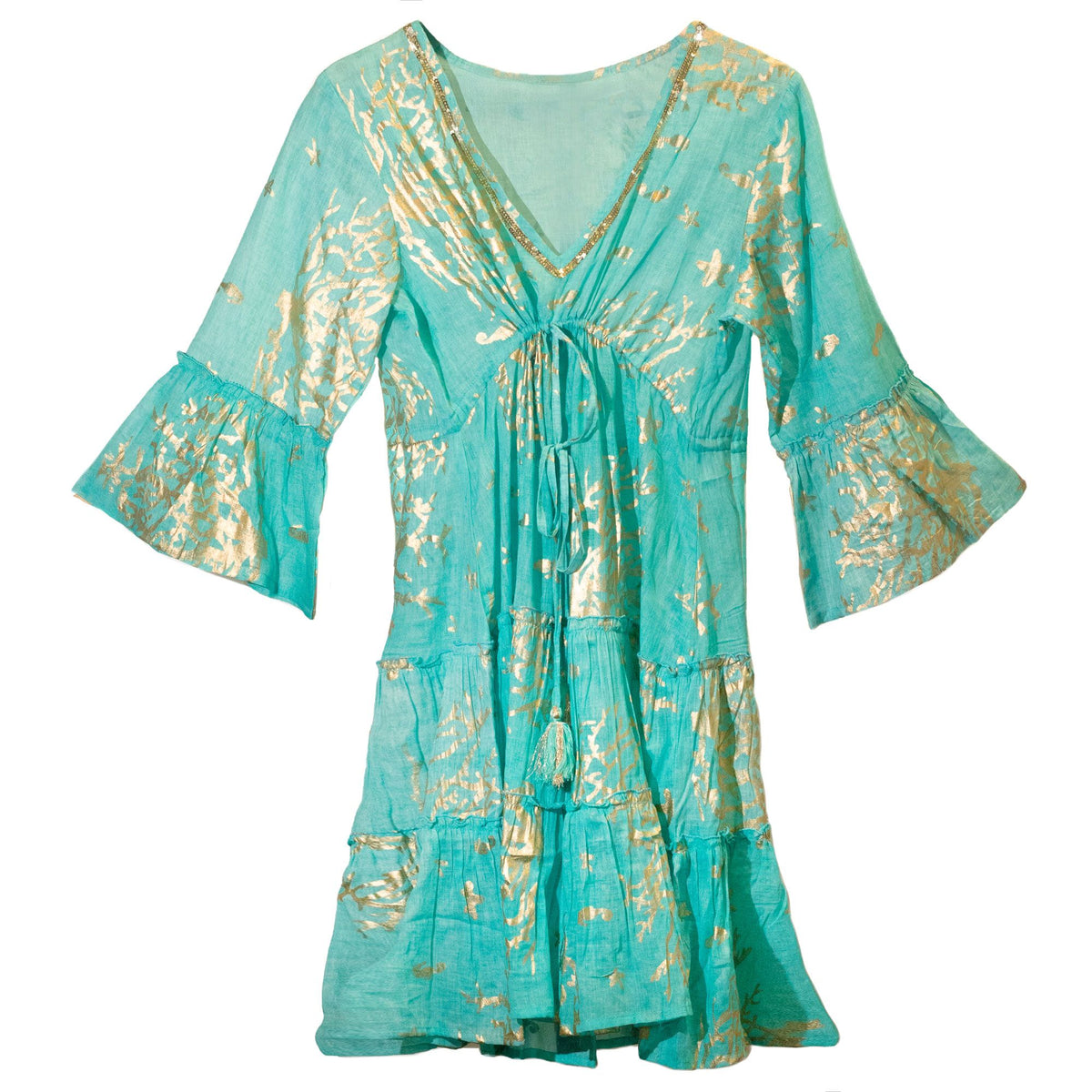 Nomad Sari Turquoise Dress with Gold Coral Print (M/L)