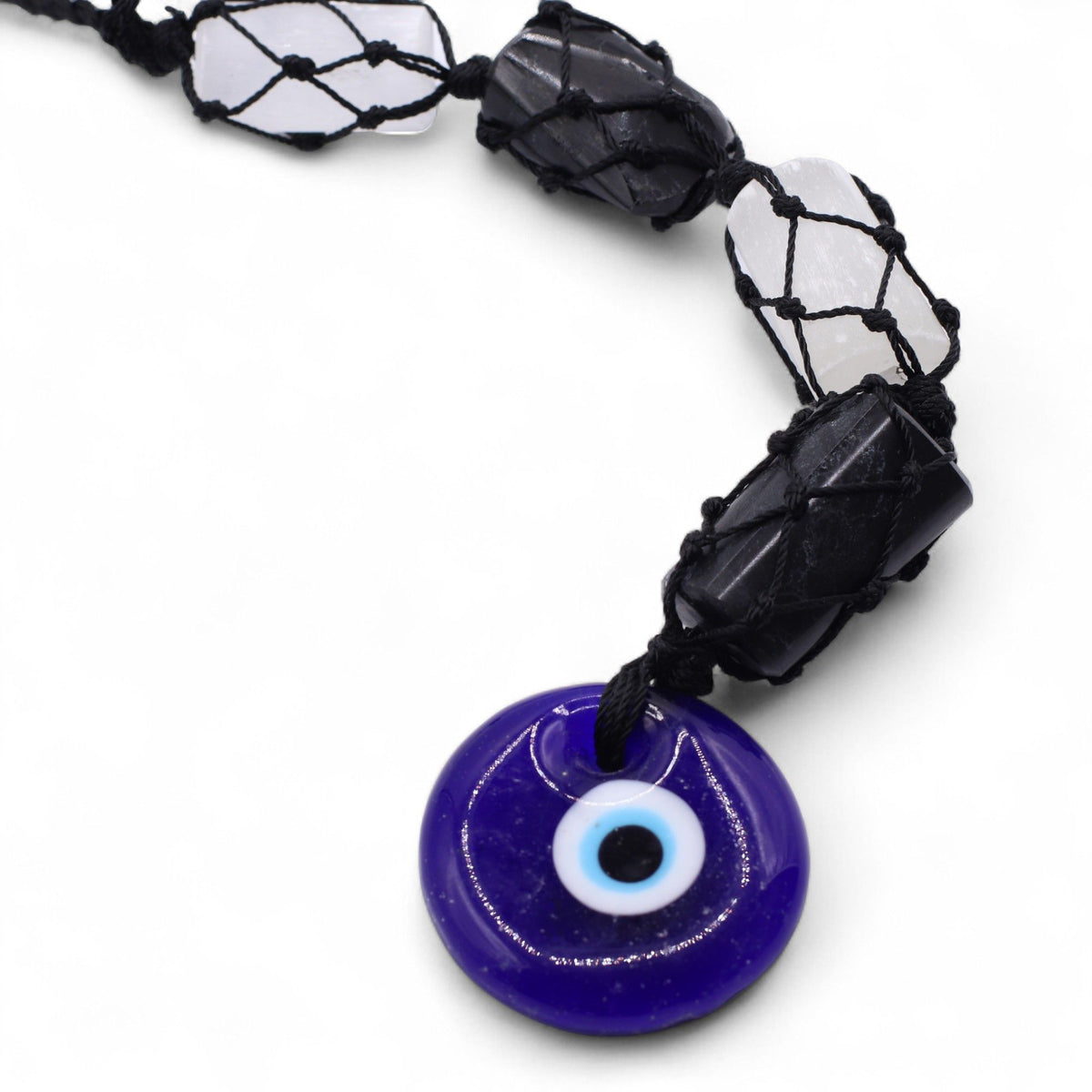 Black Tourmaline and Selenite Hanging Pendant with Evil Eye
