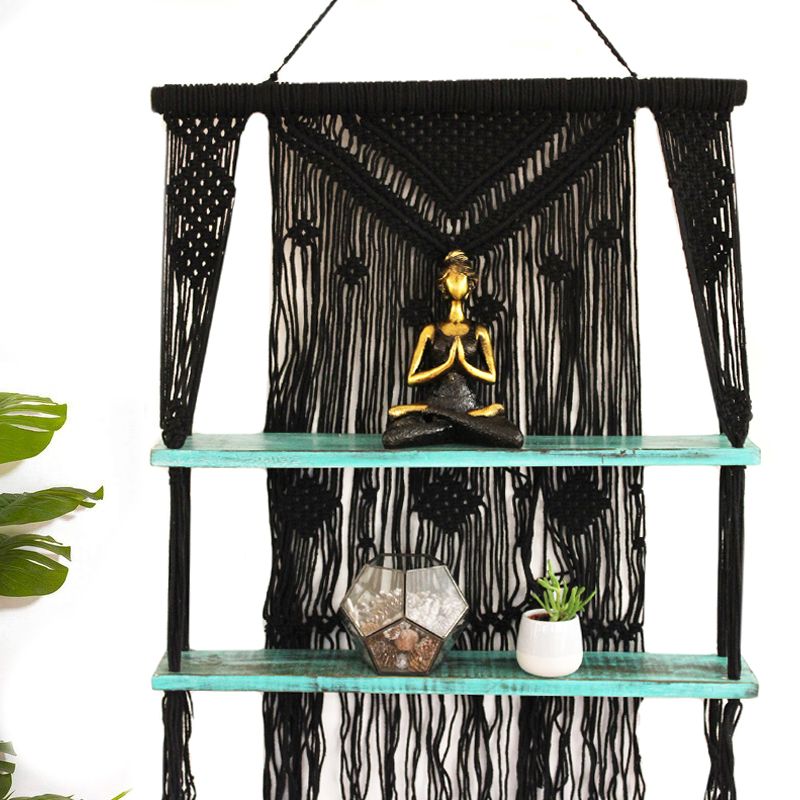 Macrame Hanging Shelf - Black Wood, Turquoise Rope, 150 cm – view 6