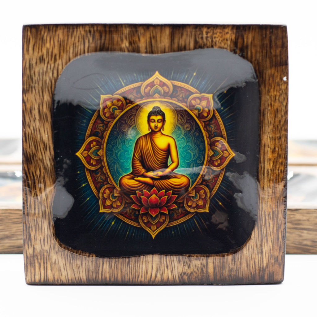 Mango Wood Enamelled Tray Set, Buddha Design, Large – view 3