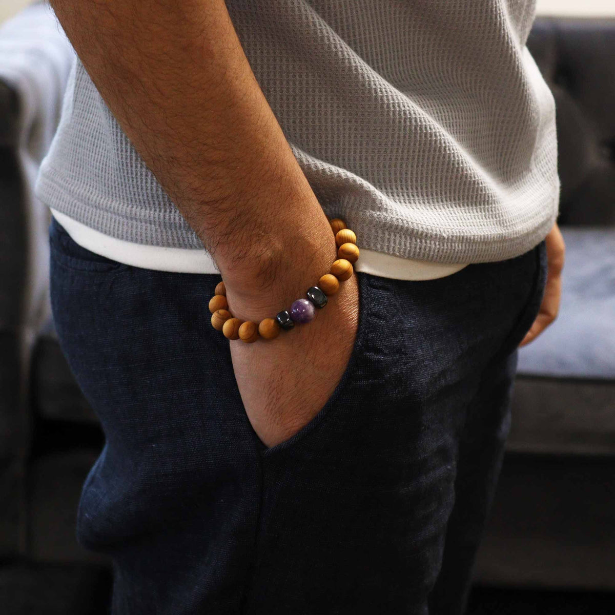 Cedarwood Third Eye Chakra Bangle with Amethyst – view 3