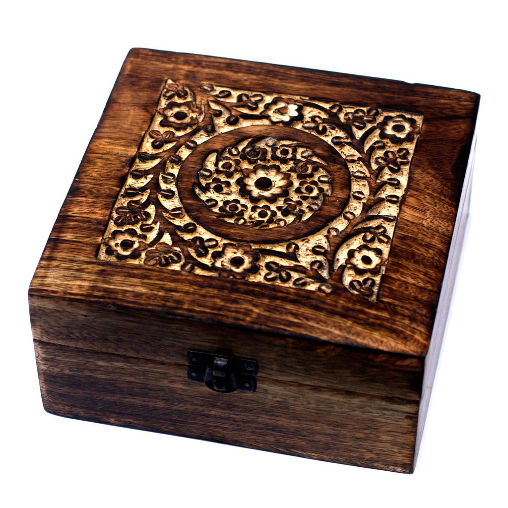 Carved Mango Wood Essential Oil Box - Square, Holds 25 Bottles – view 4