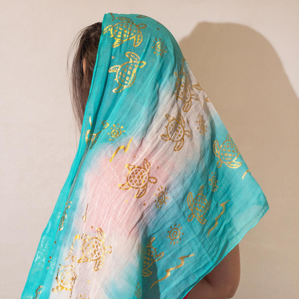 Nomad Sari Turtle Print Summer Scarf - Turquoise and Gold – view 2