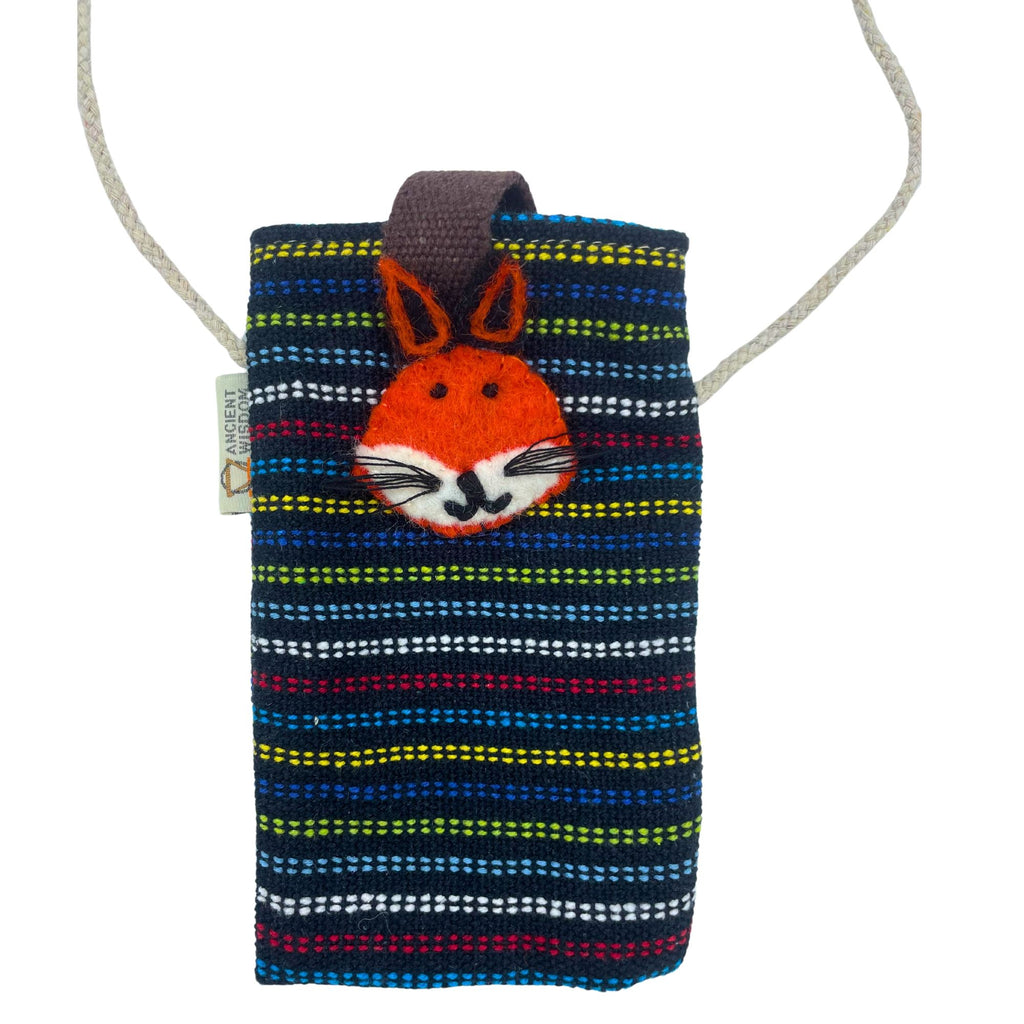 Cotton Phone Holder Bag with Fox Print, Black and Multi – view 4
