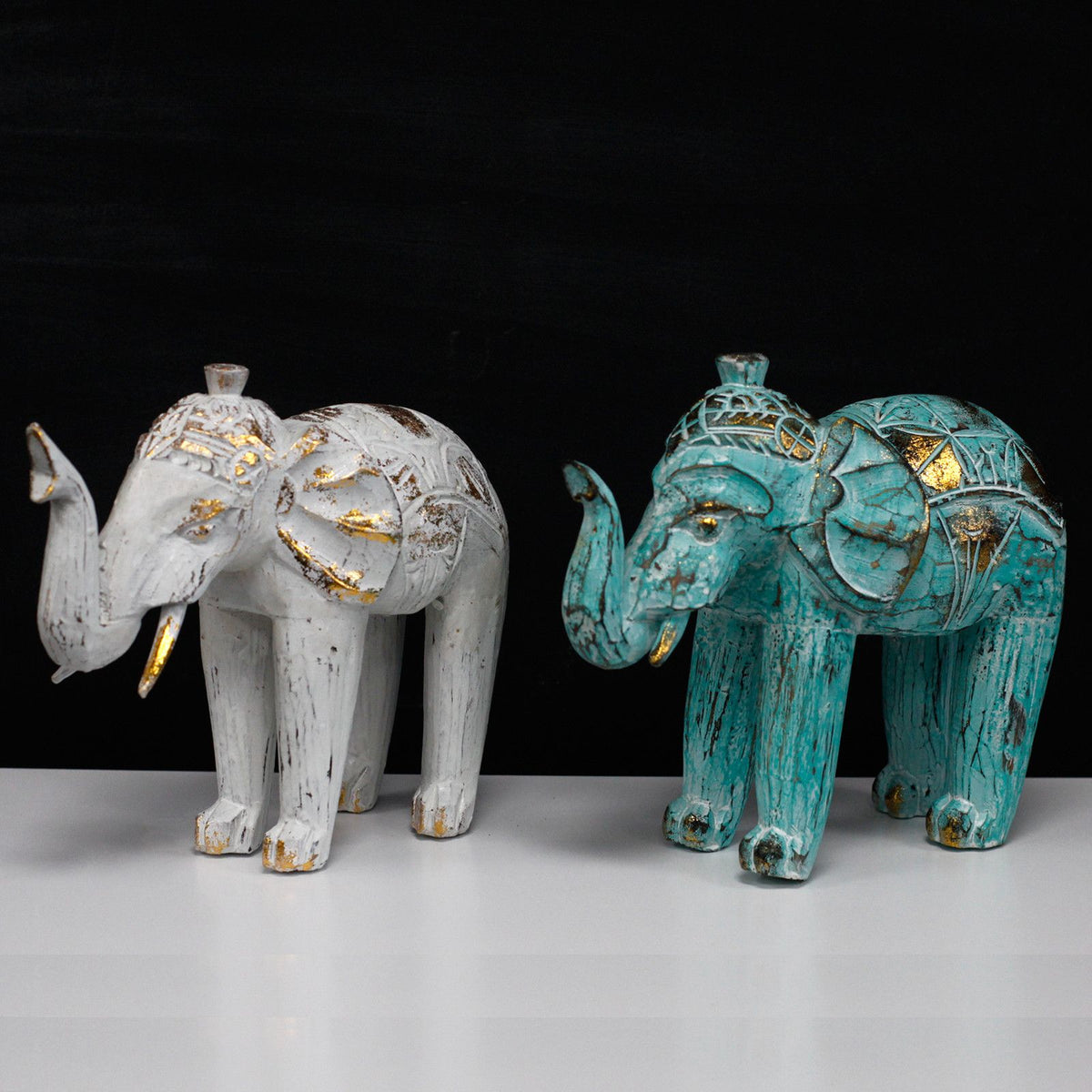 Carved Wood Elephant Statue, Turquoise and Gold
