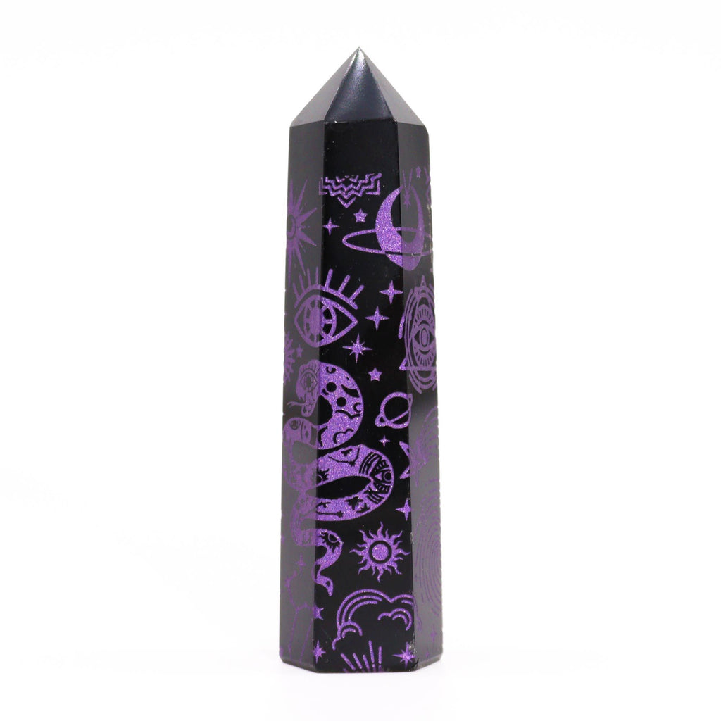 Engraved Black Obsidian Point - Deep Purple Celestial Symbols – view 2