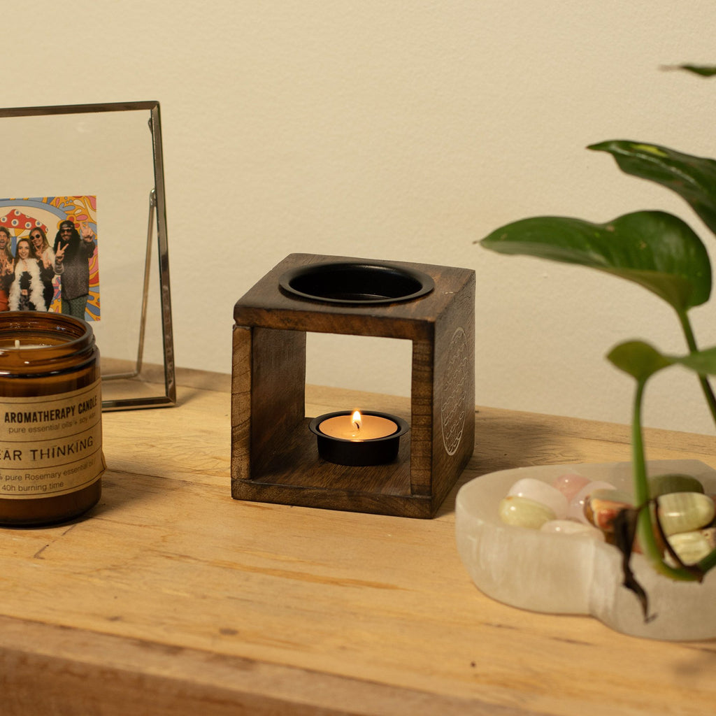 Square Mango Wood Oil Burner - Hamsa – view 2