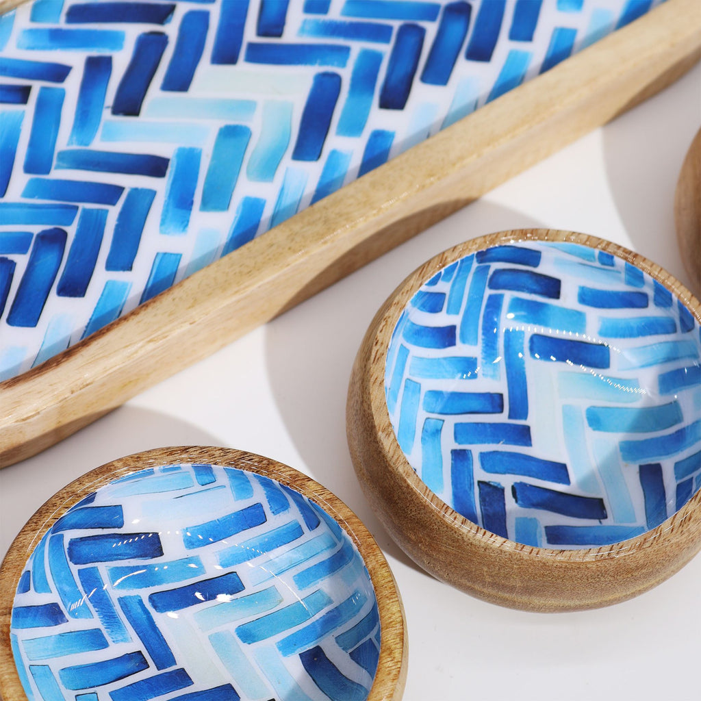 Mango Wood Tray with 3 Bowls - Blue Stripes – view 3