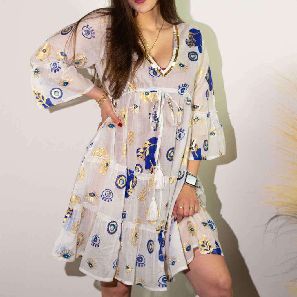 Nomad Sari Evil Eye Dress in White, Blue & Gold, Size M/L – view 4