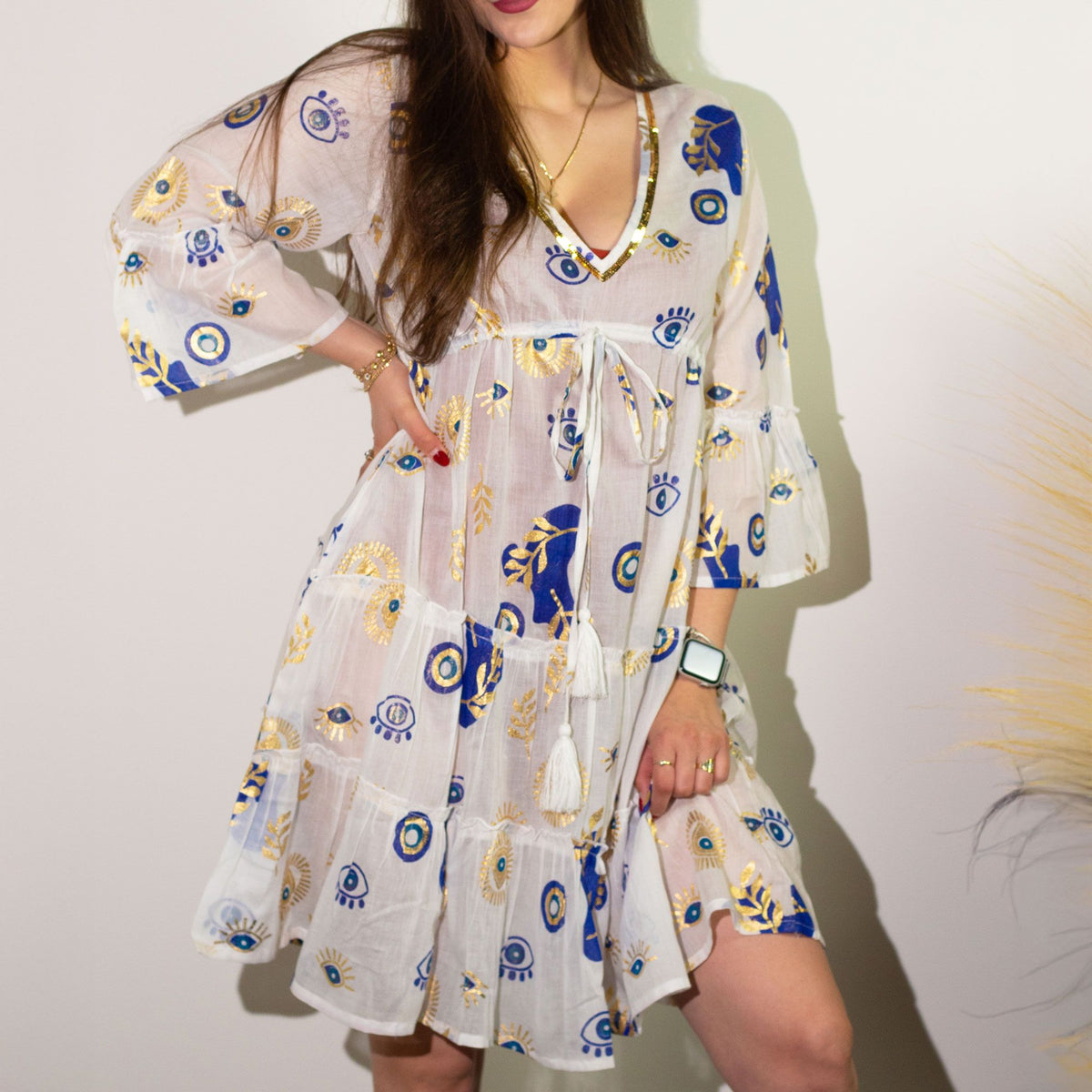 Nomad Sari Evil Eye Dress in White, Blue & Gold, Size M/L – view 4