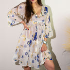 Nomad Sari Cotton Dress - White, Blue & Gold Evil Eye Print – view 4