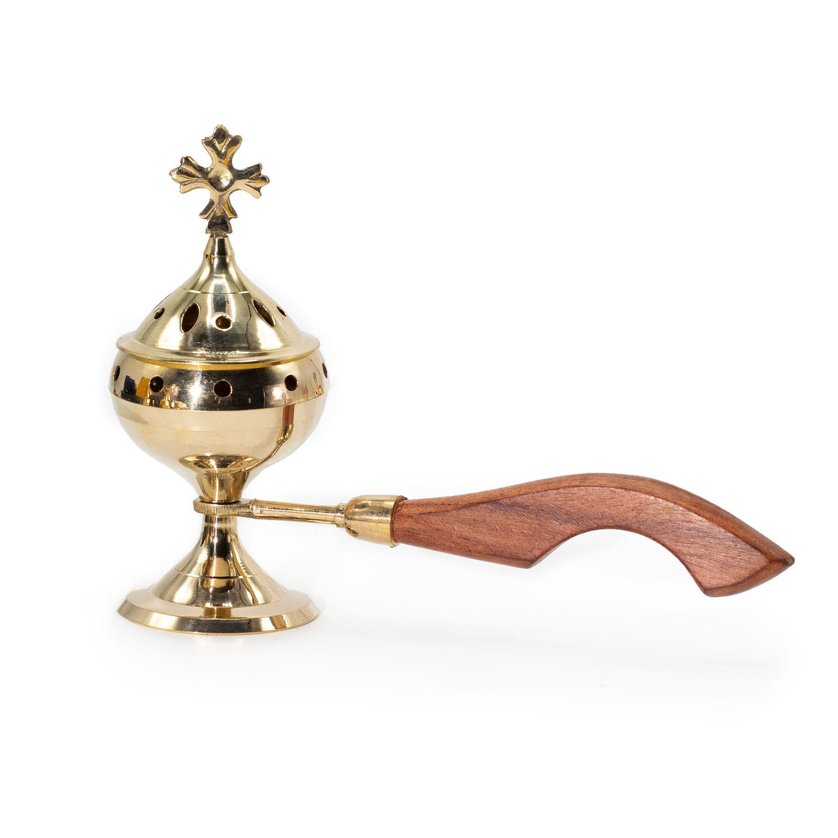 Brass Censer with Wooden Handle - Cross Design