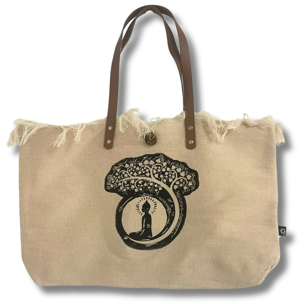 Natural Cotton Tote Bag with Leather Handle - Buddha – view 4
