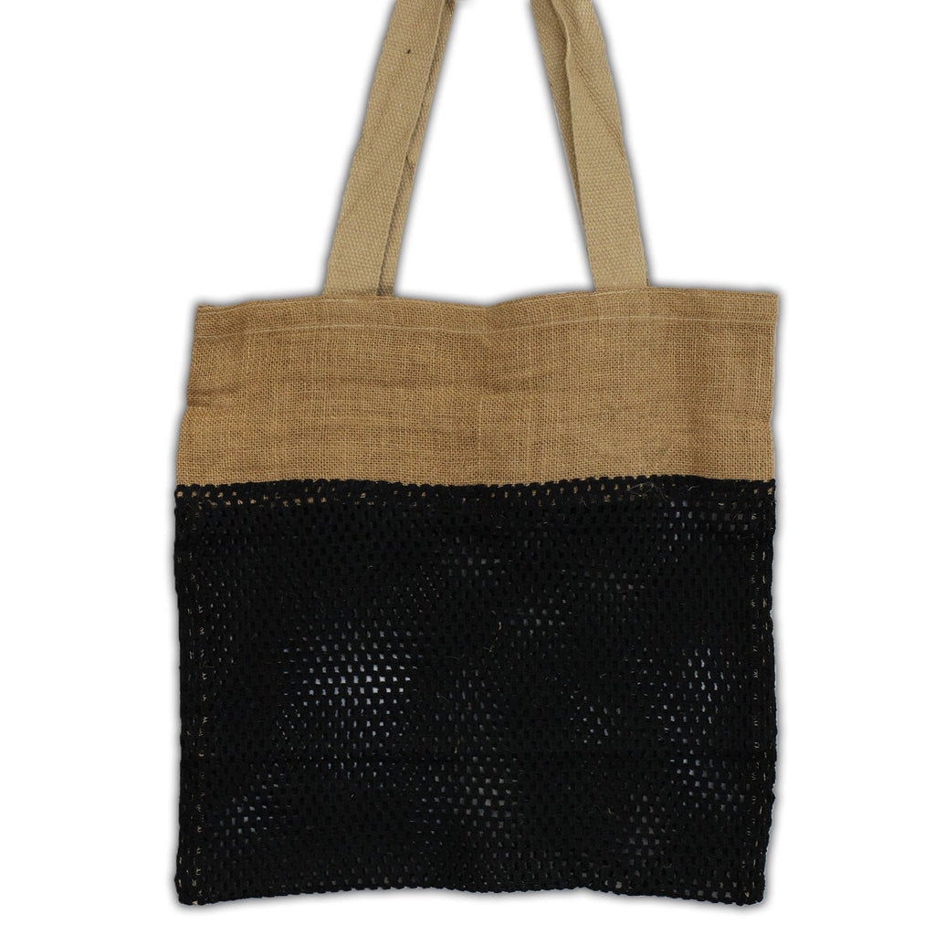 Cotton and Jute Mesh Shopping Bag, Black – view 3