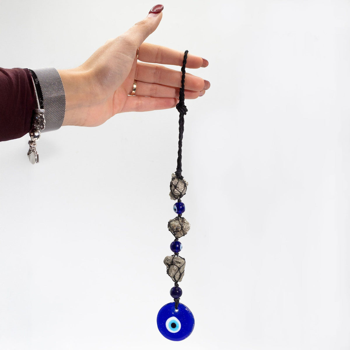 Pyrite Stone and Bead Hanging Pendant with Evil Eye – view 3