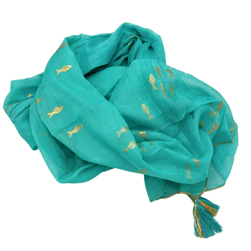 Nomad Sari Turquoise Pareo with Gold Fish Design – view 4
