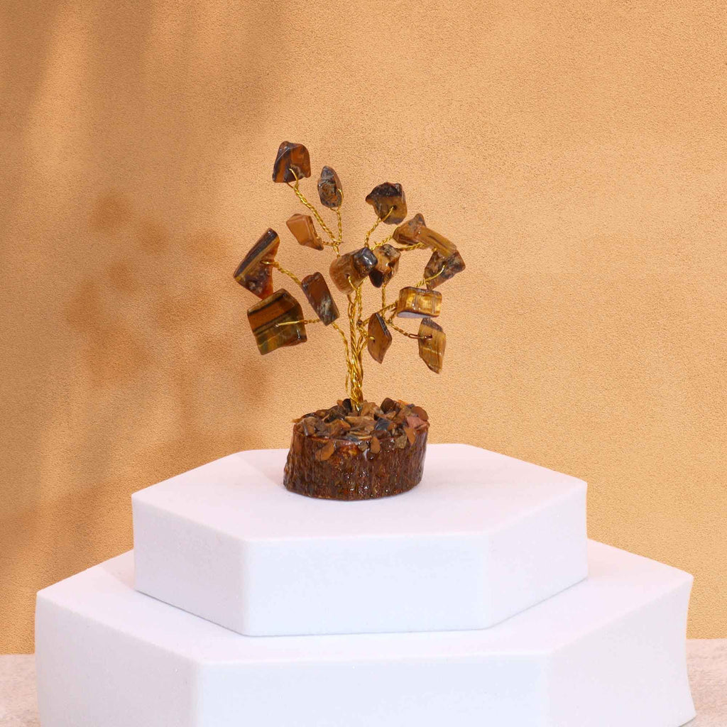Tiger Eye Mini Gemstone Tree on Wood Base, 15 Stones