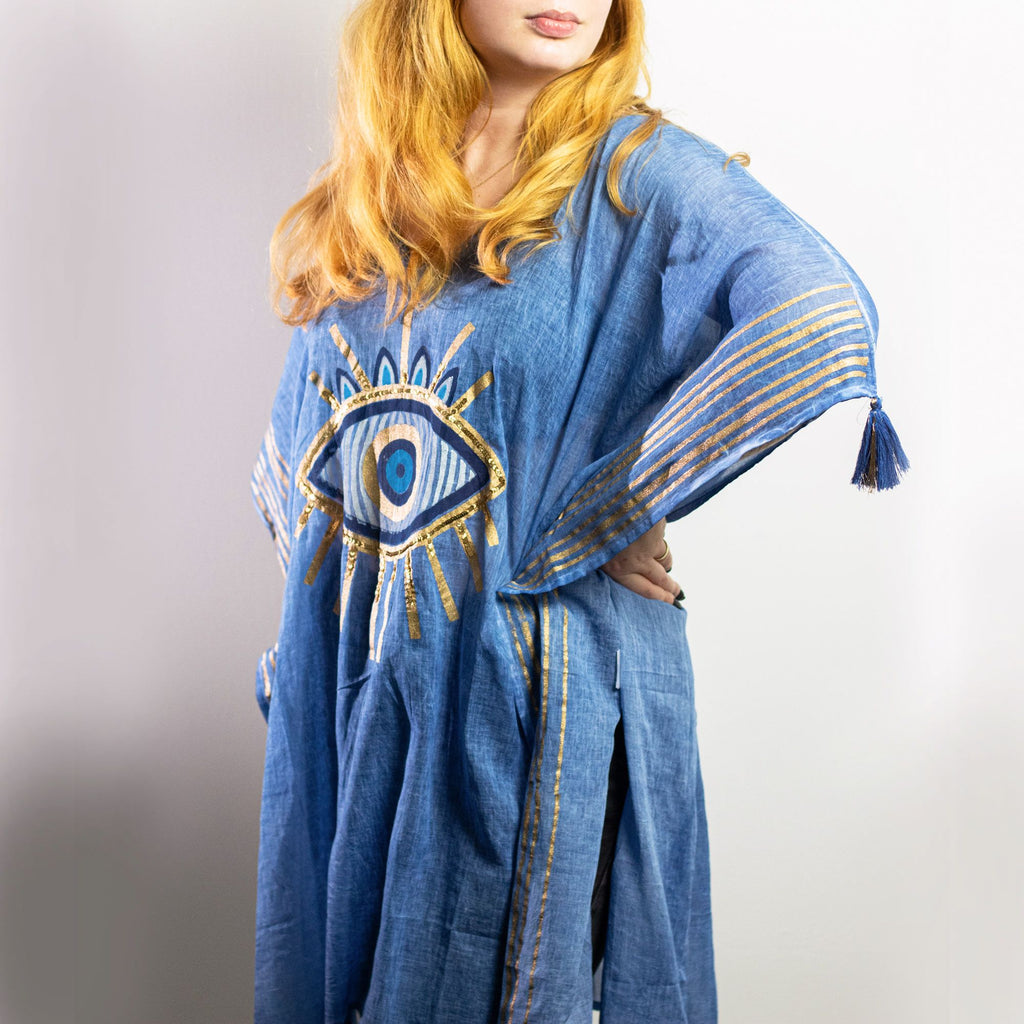Nomad Sari Kaftan in Rich Blue with Gold Evil Eye Print – view 2