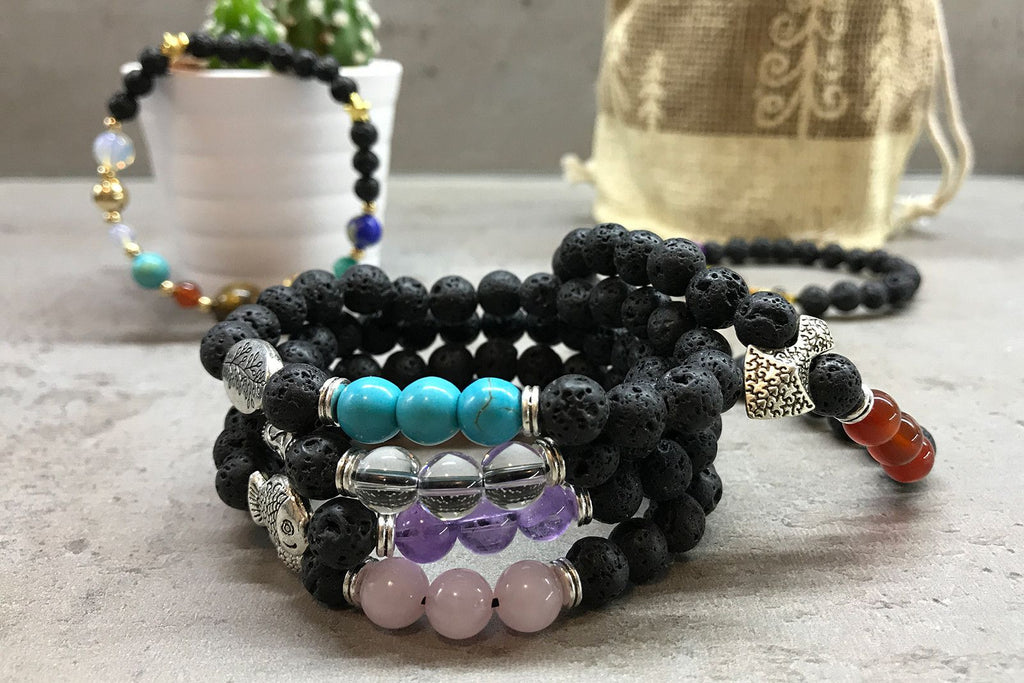Lava Stone Bracelet with Hamsa Charm and Chakra Beads – view 4