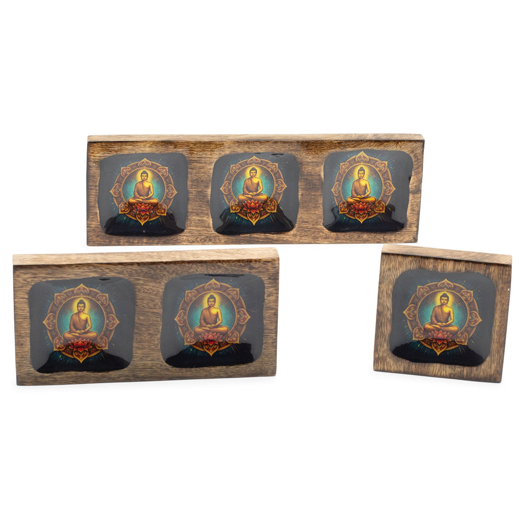 Mango Wood Enamelled Tray Set, Buddha Design, Large – view 4