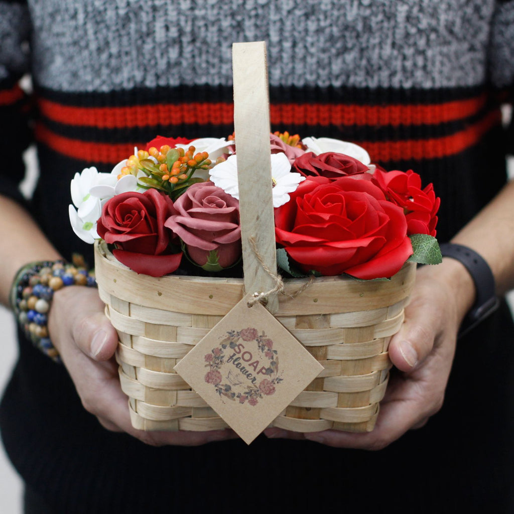 Large Soap Flower Bouquet in Wicker Basket - Red