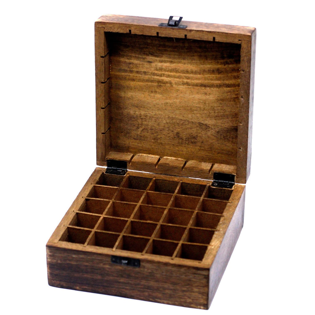 Carved Mango Wood Essential Oil Box - Square, Holds 25 Bottles – view 3