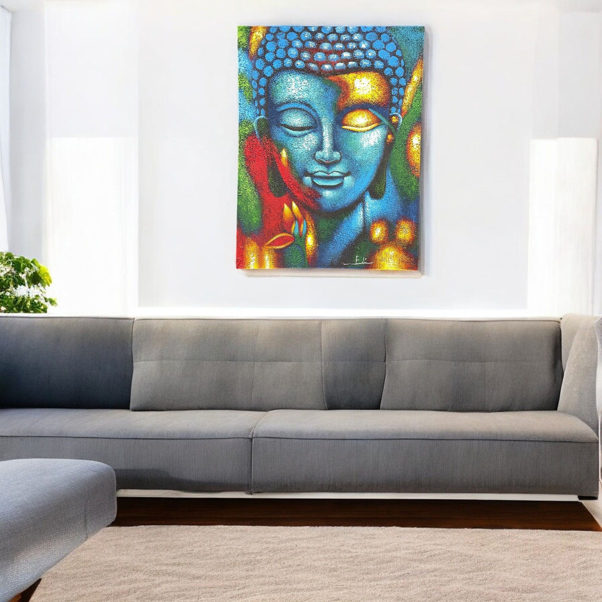 Buddha Painting, Blue & Gold Flower - 75 x 55cm – view 2