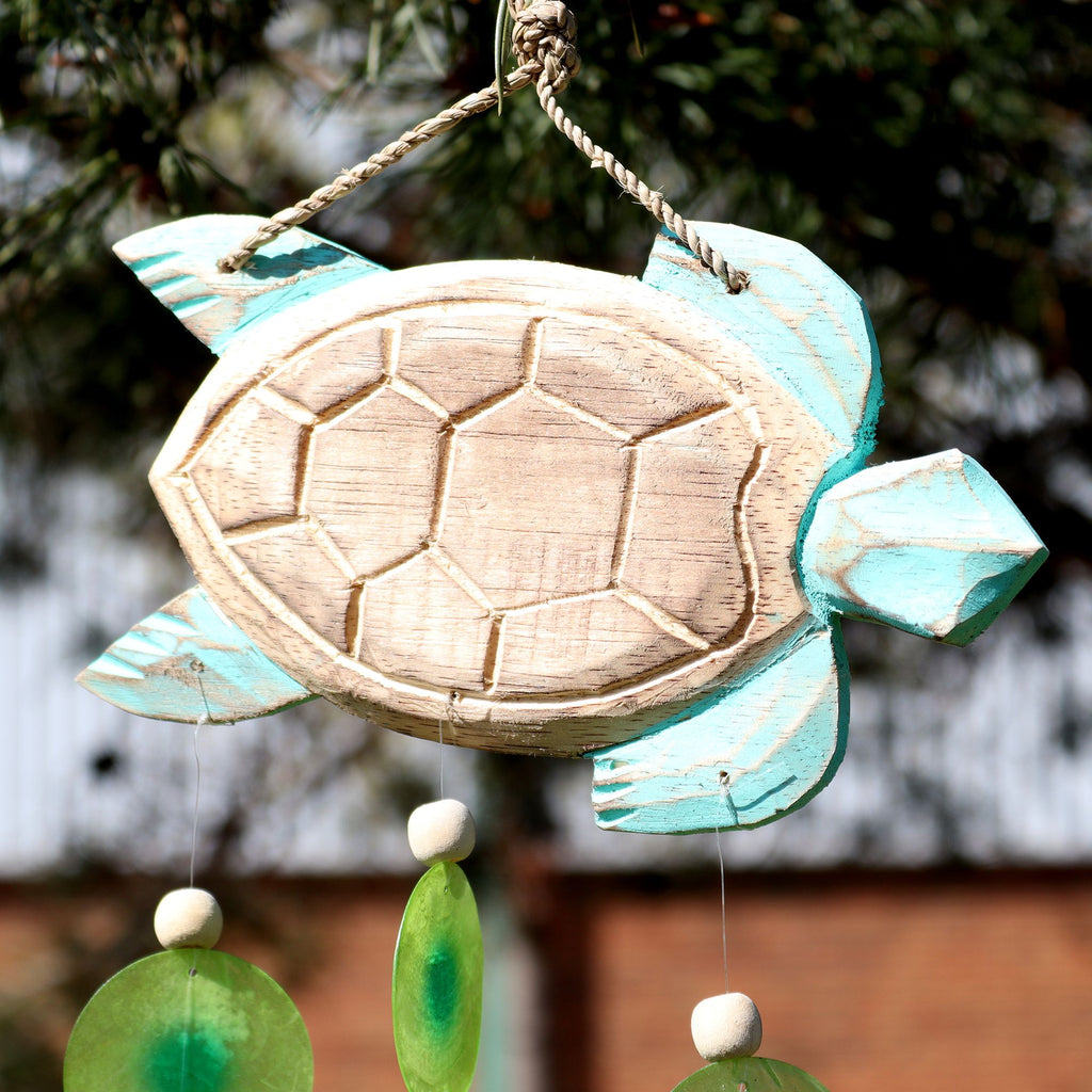 Aqua Turtle Carving & Capiz Shell Wind Chime – view 2