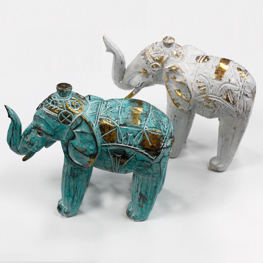 Carved Wood Elephant Statue, Turquoise and Gold – view 3