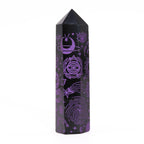 Engraved Black Obsidian Point - Deep Purple Celestial Symbols