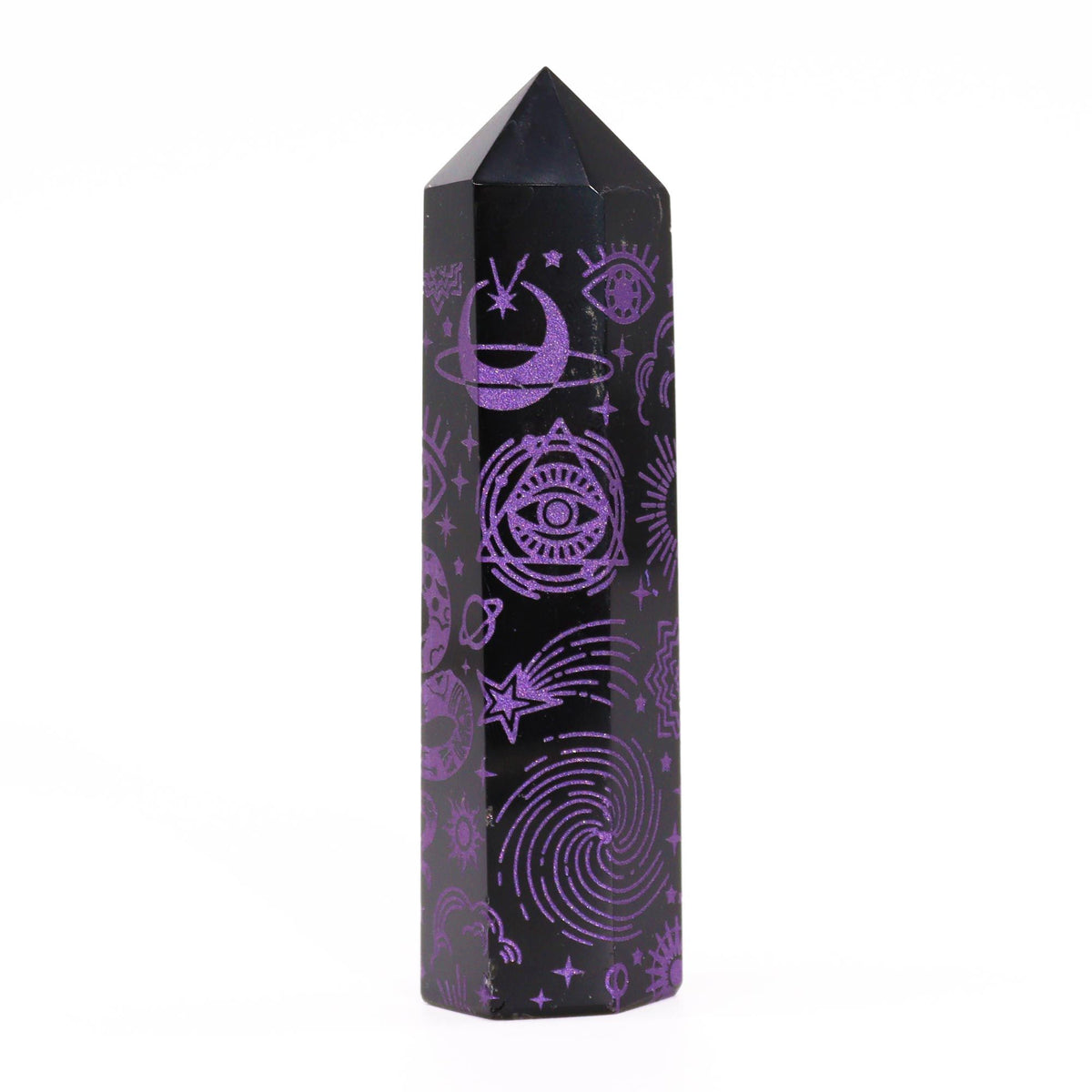 Engraved Black Obsidian Point - Deep Purple Celestial Symbols