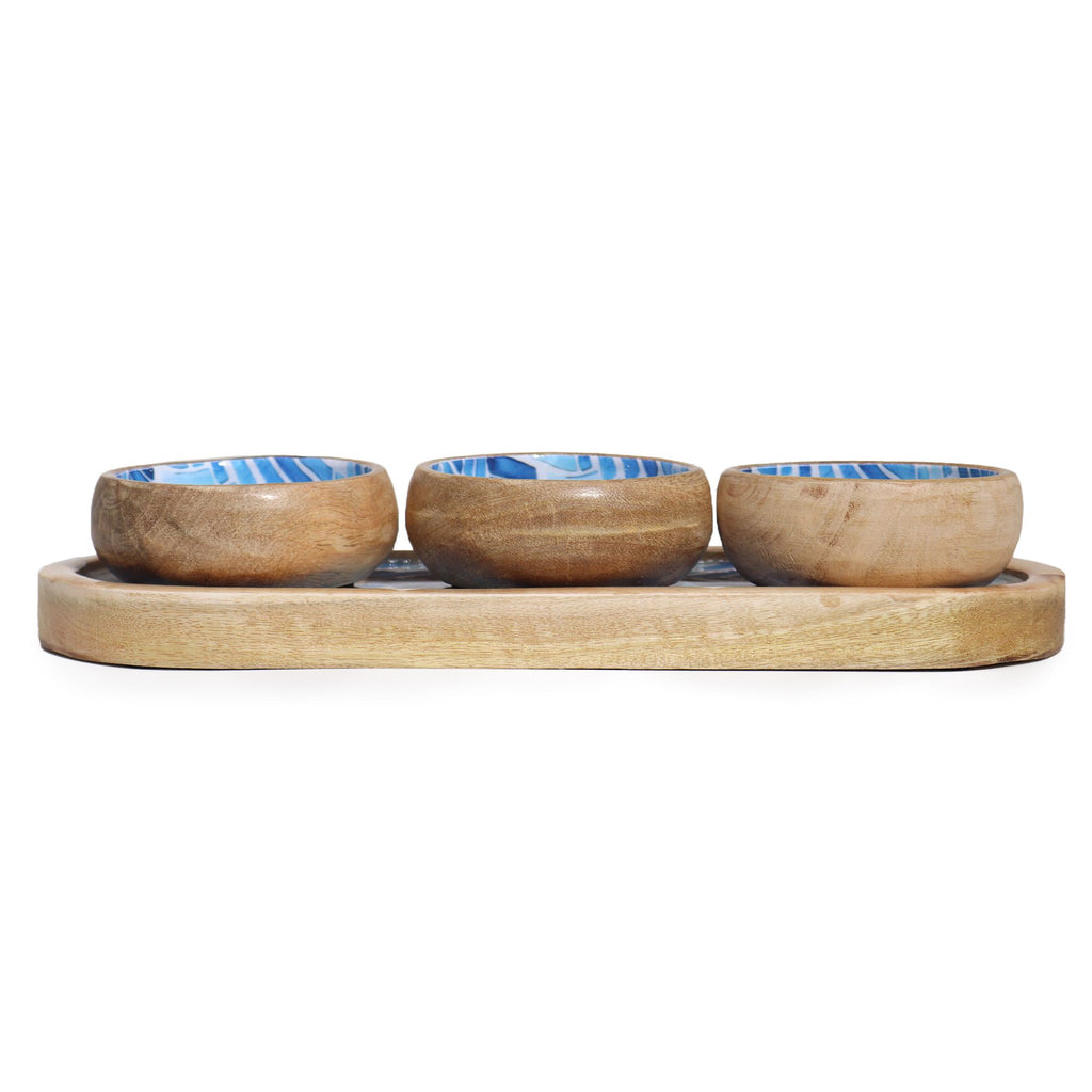 Mango Wood Tray with 3 Bowls - Blue Stripes – view 2