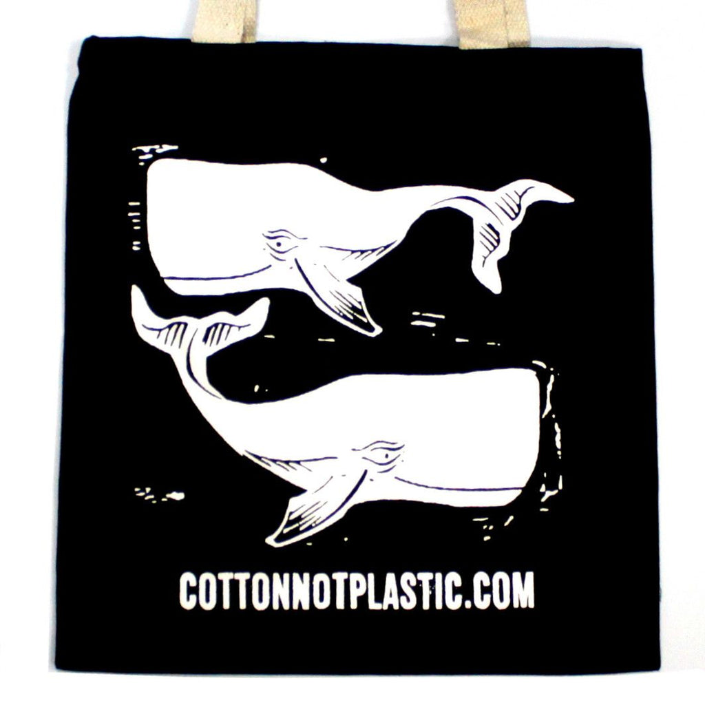 Large Black Cotton Bag 38x42cm - White Whales Print