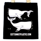 Large Black Cotton Bag 38x42cm - White Whales Print