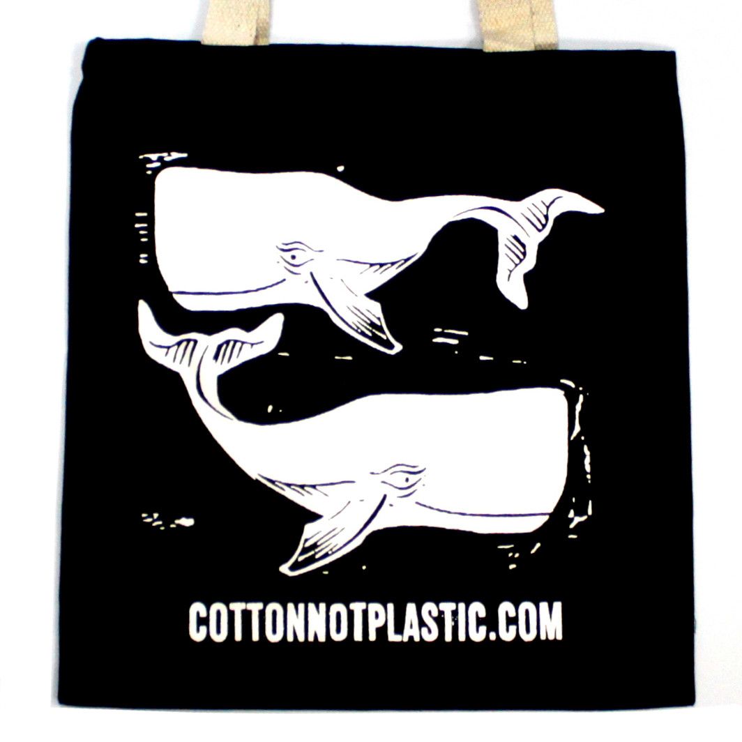 Large Black Cotton Bag 38x42cm - White Whales Print
