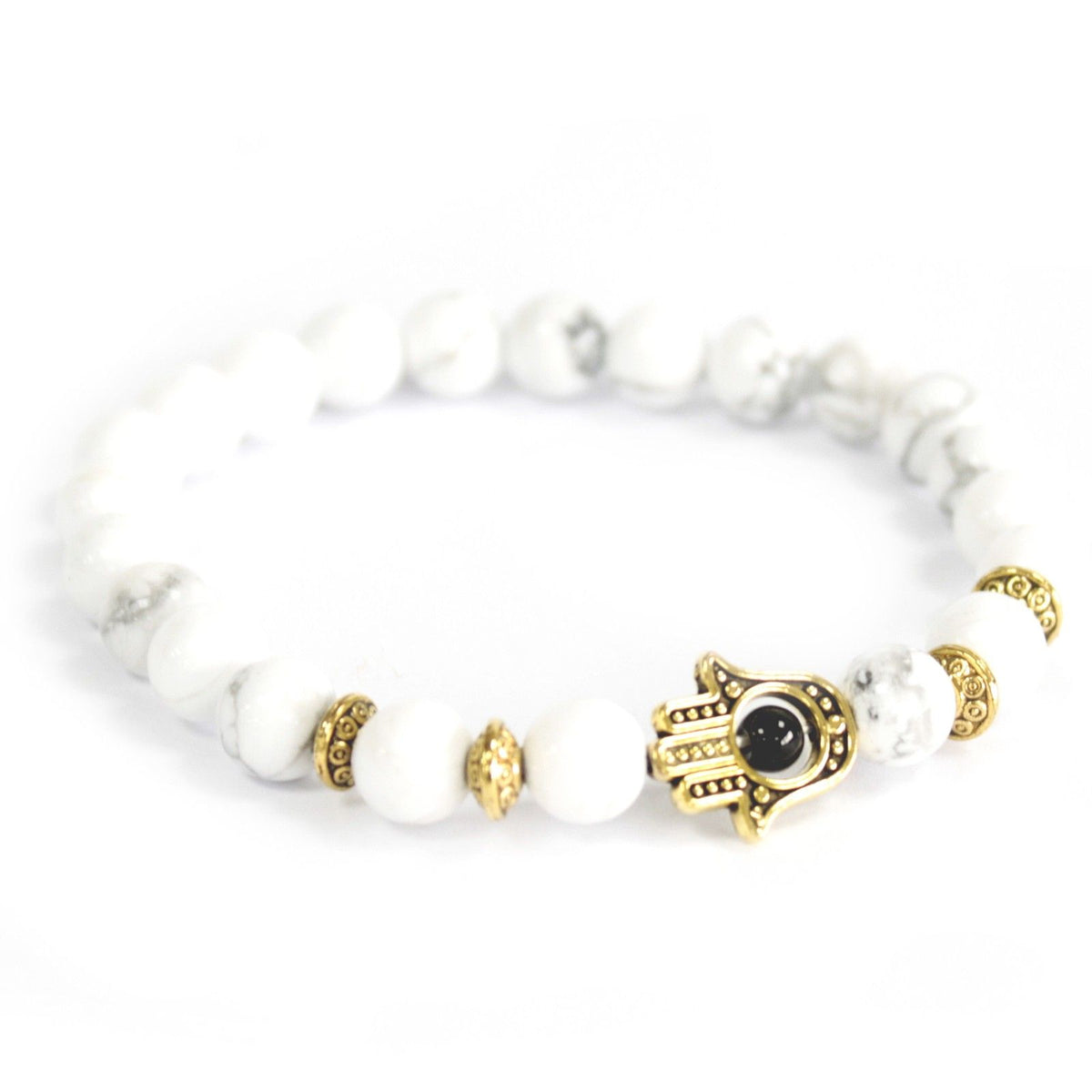 White Howlite Bracelet with Gold Hamsa Charm