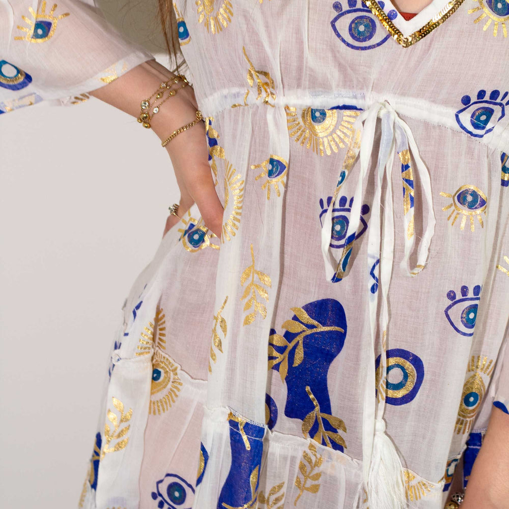 Nomad Sari Evil Eye Dress in White, Blue & Gold, Size M/L – view 6