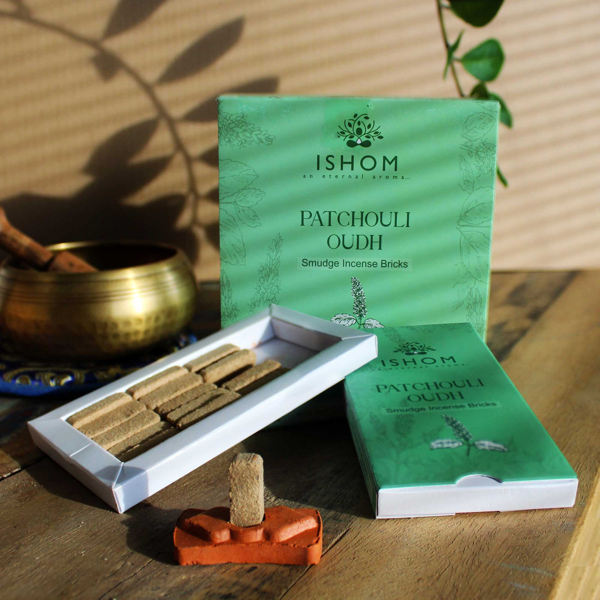 Patchouli Wood Incense Bricks Set of 15 with Burner – view 2