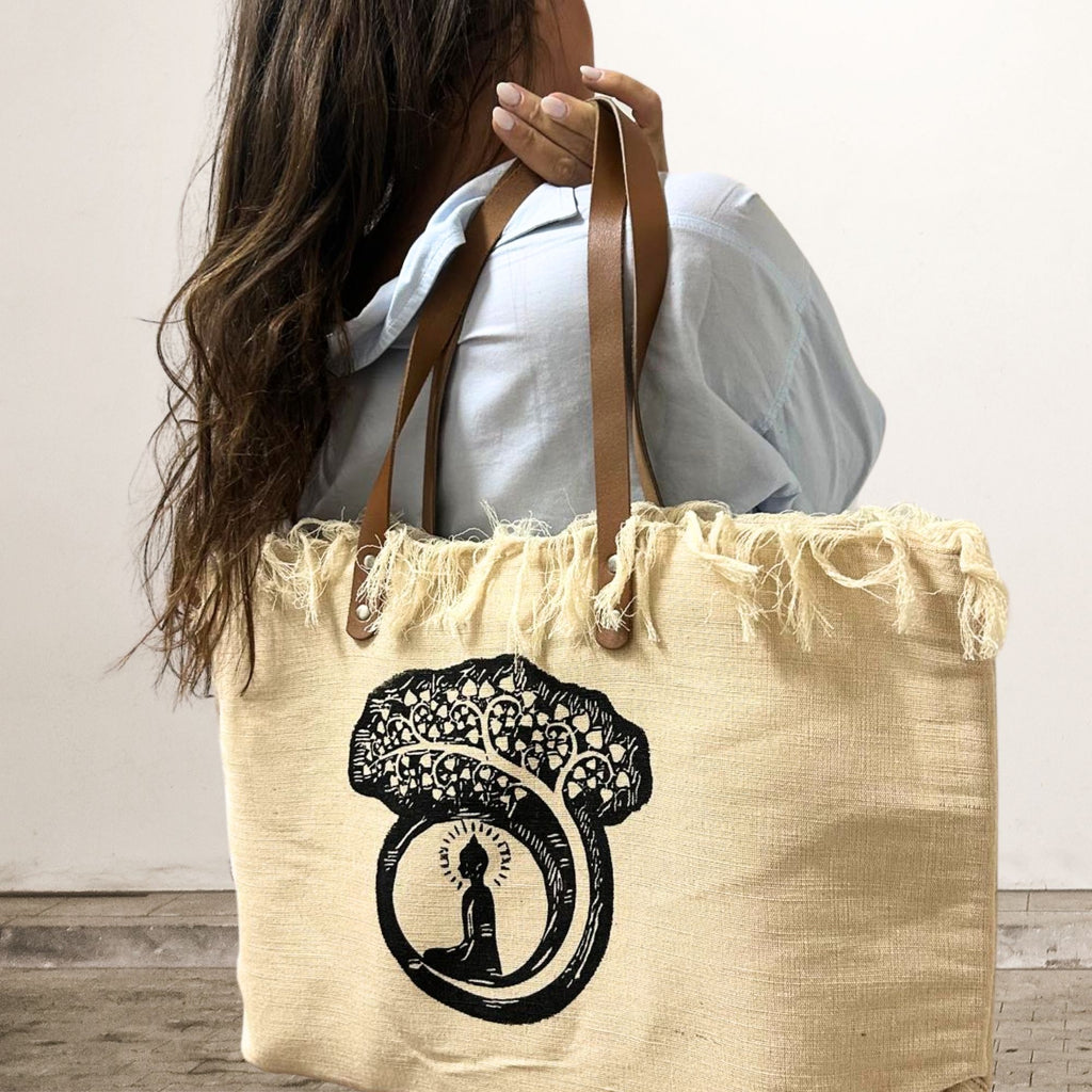 Natural Cotton Tote Bag with Leather Handle - Buddha