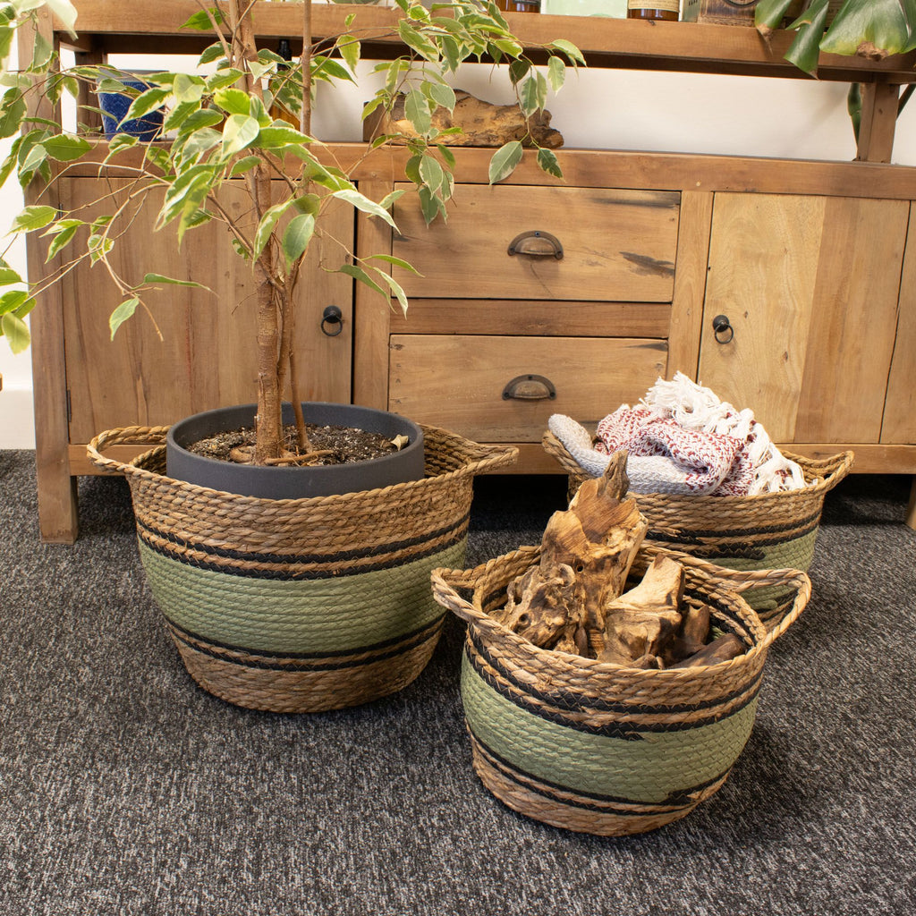 Cotton & Seagrass Baskets, Black and Green, Set of 3 – view 6
