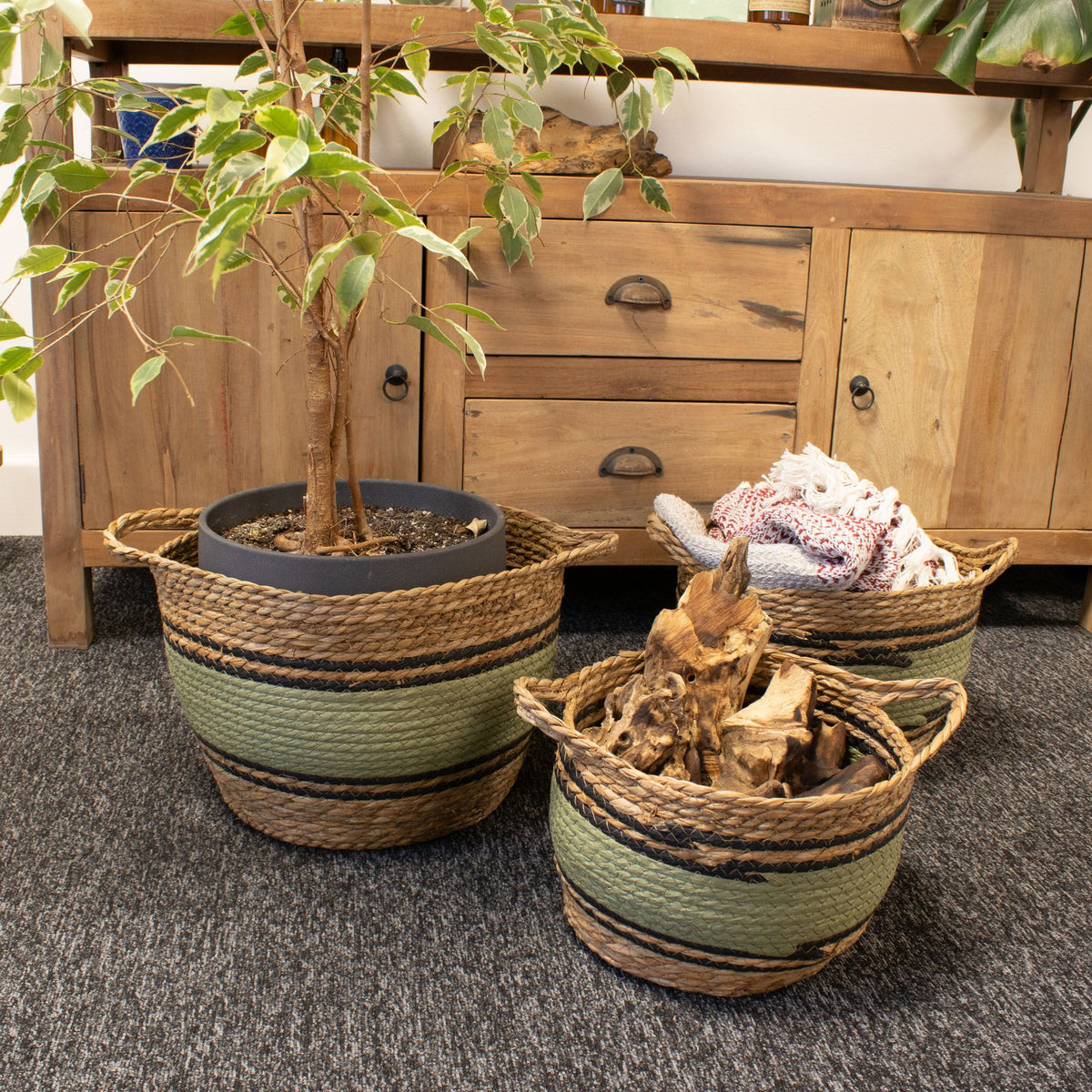 Cotton & Seagrass Baskets, Black and Green, Set of 3 – view 6
