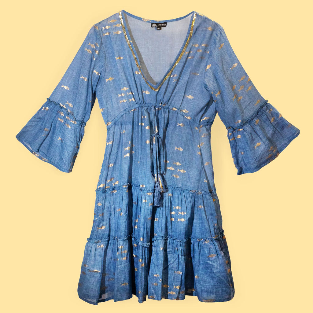 Nomad Sari Sea Blue Dress with Gold Fish Print (M/L) – view 5