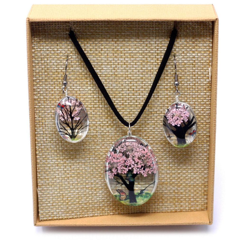 Tree of Life Pressed Flower Jewellery Set - Pink – view 5