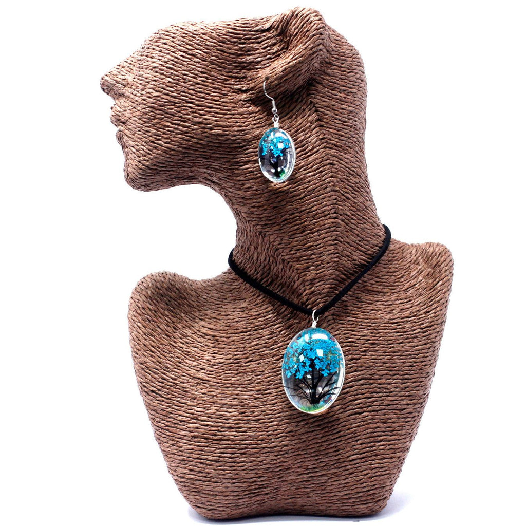 Pressed Flowers Tree of Life Jewellery Set - Teal