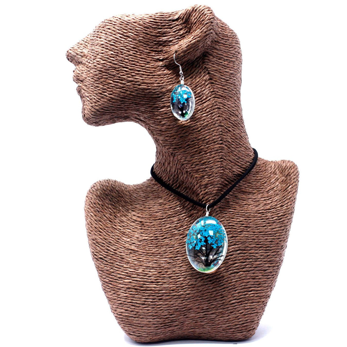 Pressed Flowers Tree of Life Jewellery Set - Teal