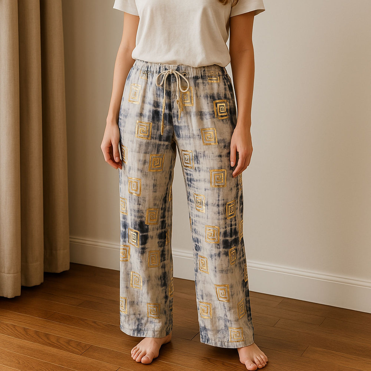Nomad Sari Hand-Painted Lounge Pants - Gold & Blue Greek Motif M/L – view 3