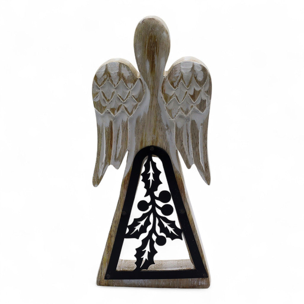 Mango Wood Angel - Whitewash, Iron Holly Cut-Out – view 5