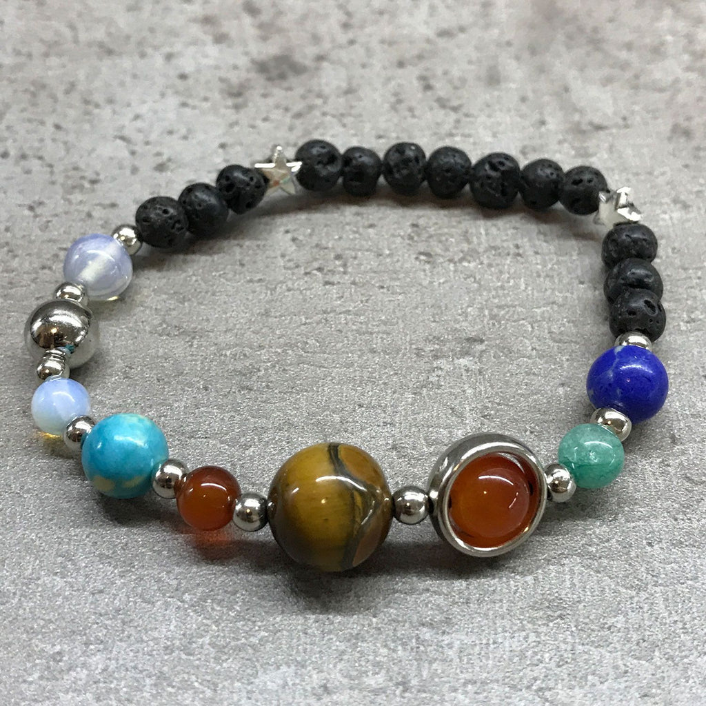 Lava Stone Bracelet with Silver Solar System Beads