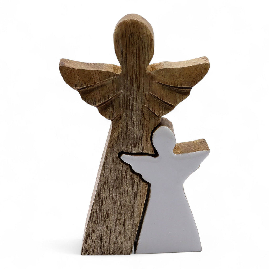 Mango Wood Angel in Angel, White Enamel, 15x2cm
